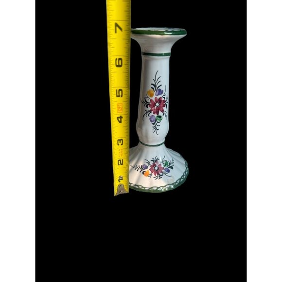 Vintage Portugal Candlestick Taper Holder Hand Painted Floral 7” Signed - Picture 2 of 7